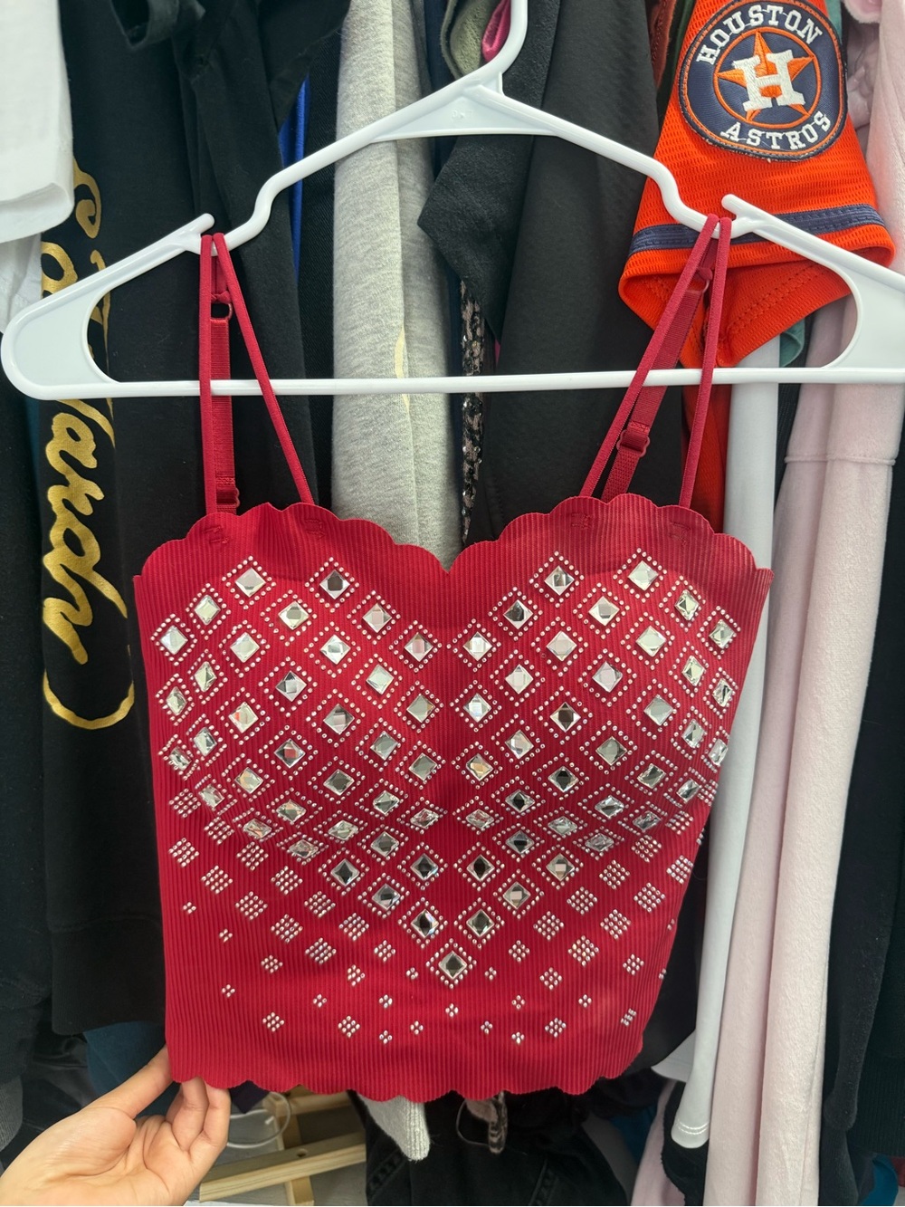 Red Scallop-Edge Embellished Cami Top